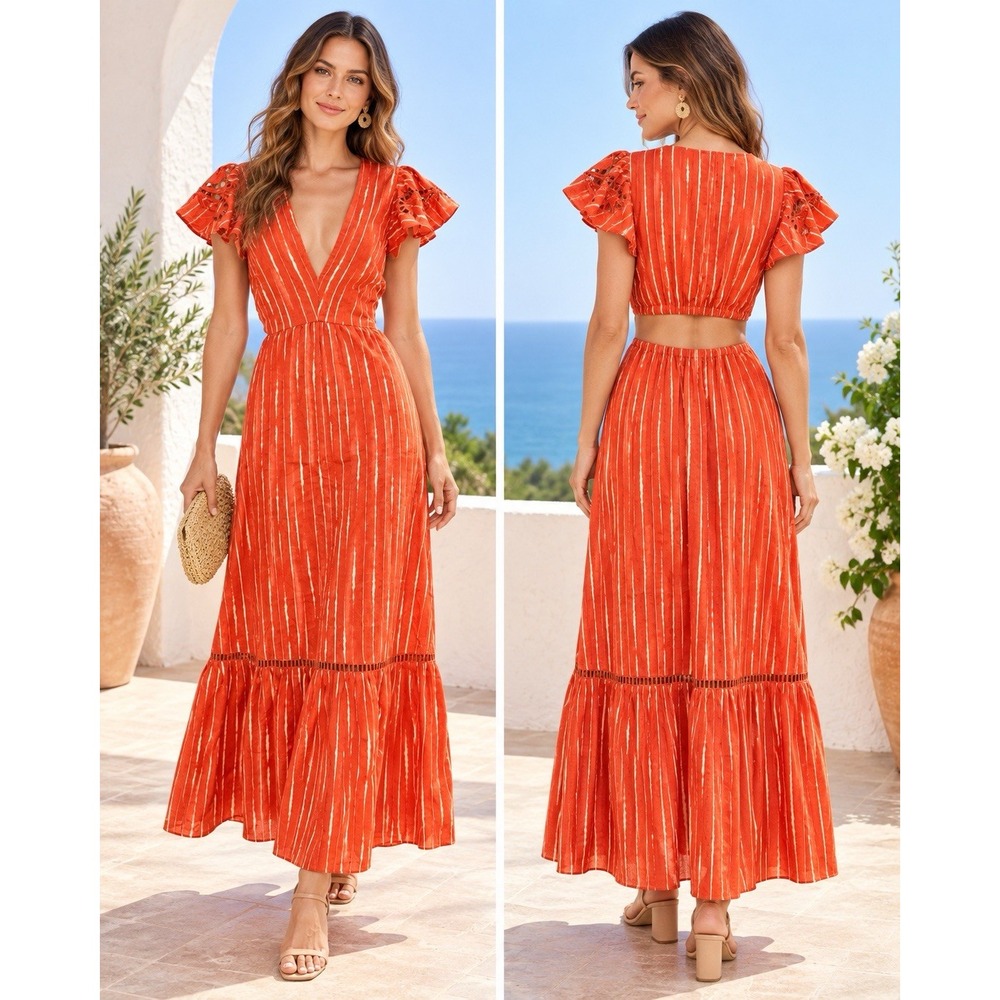 Sachin & Babi Georgia Dress 8 Orange Stripe Cotton Cutout Open Back Maxi Boho
